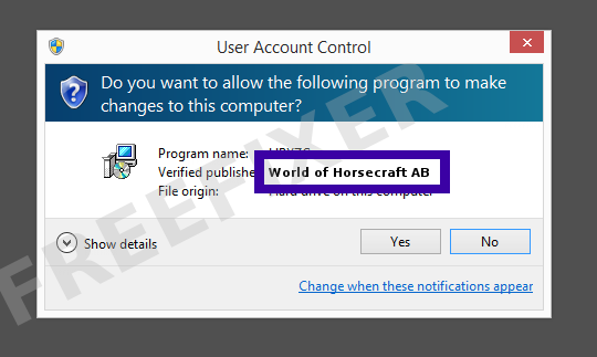 Screenshot where World of Horsecraft AB appears as the verified publisher in the UAC dialog